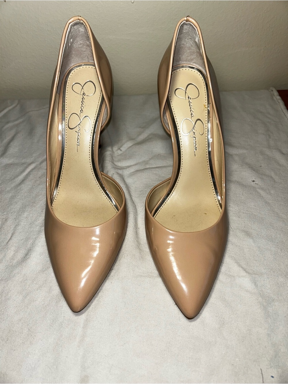 Jessica Simpson Beige Patent Pointed Toe Pumps